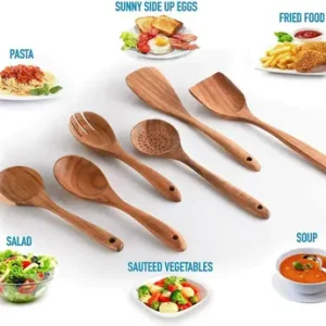 Wooden Cooking Utensils Set – Natural Teak Wood Spatula, Skimmer & Spoon | Non-Scratch Kitchen Tools (Brown, 3 Pieces)